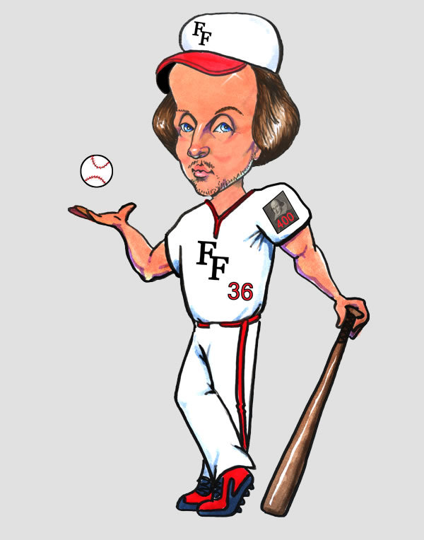 Shakespeare in a white baseball uniform, "FF" logo on hat and jersey, number 36, and a "400" patch on his left sleeve, crossed legs and leaning on a bat with his left hand while tossing a baseball in his right